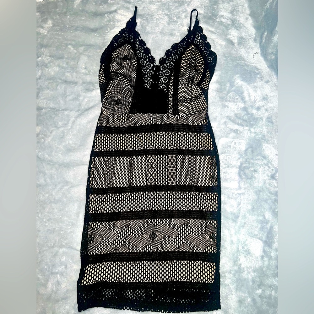 Black Lace over Nude lining Bodycon Mini Dress - Homecoming - Size S